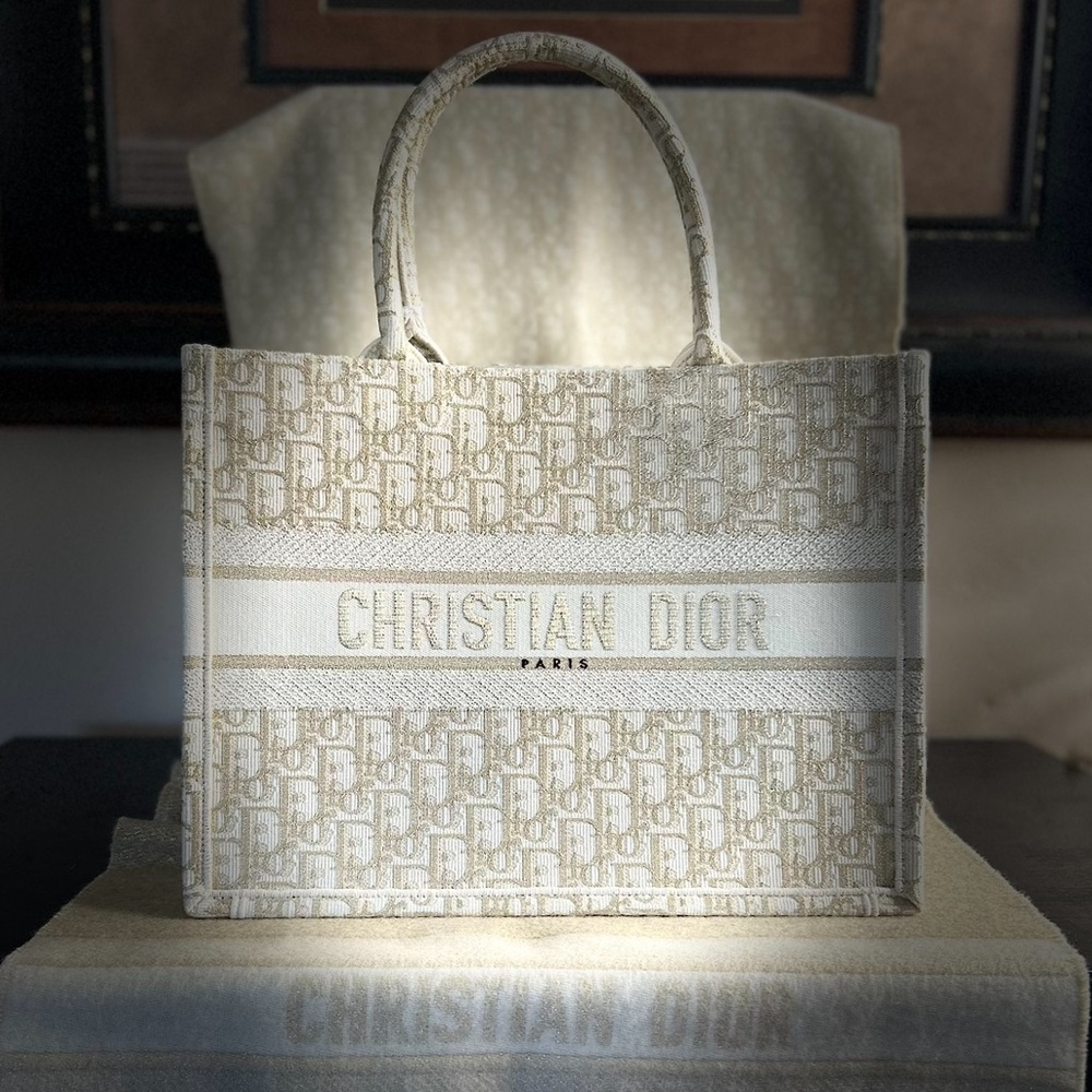 Dior Medium Book Tote White and Gold Oblique Embroidery
